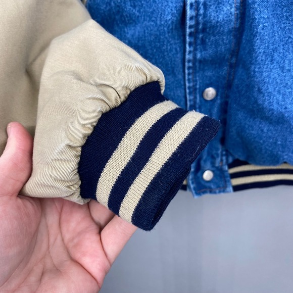 Disney Catalog Winnie the Pooh Vintage Denim Varsity Jacket Blue Tan size Small - Picture 4 of 16